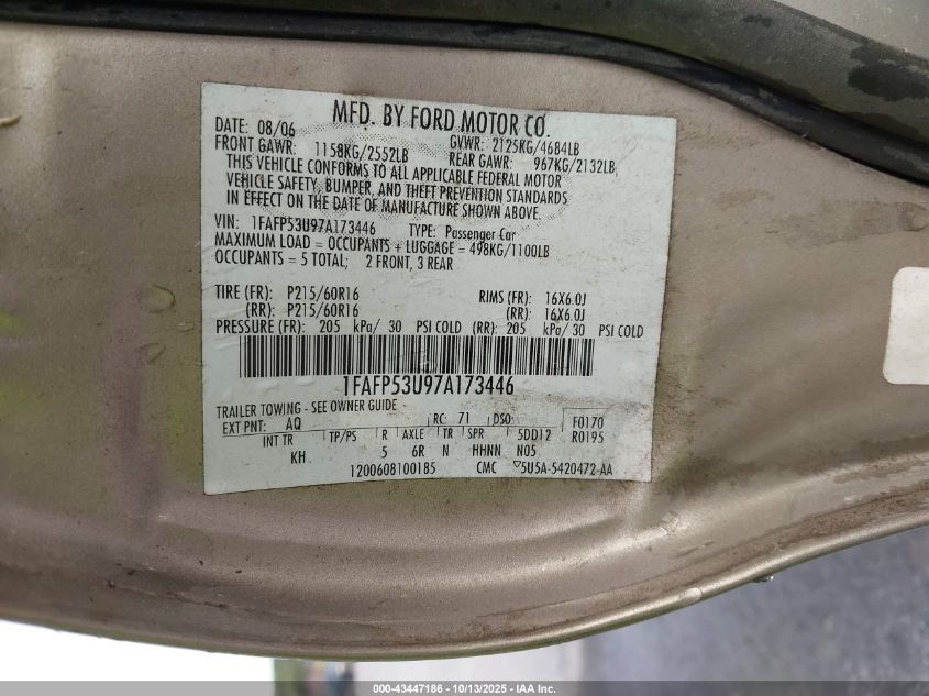 2007 Ford Taurus Se VIN: 1FAFP53U97A173446 Lot: 43447186