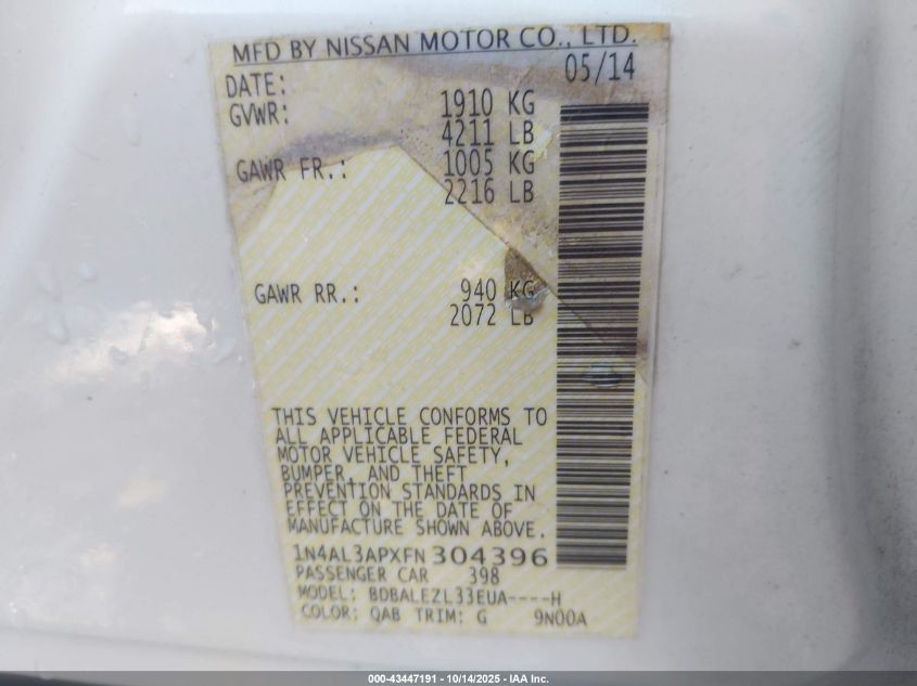 2015 Nissan Altima 2.5 S VIN: 1N4AL3APXFN304396 Lot: 43447191