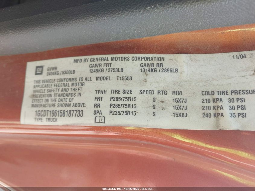 2005 Chevrolet Colorado Ls VIN: 1GCDT196158187733 Lot: 43447193