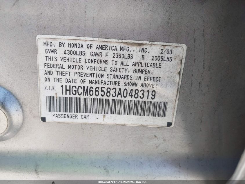 2003 Honda Accord 3.0 Ex VIN: 1HGCM66583A048319 Lot: 43447217
