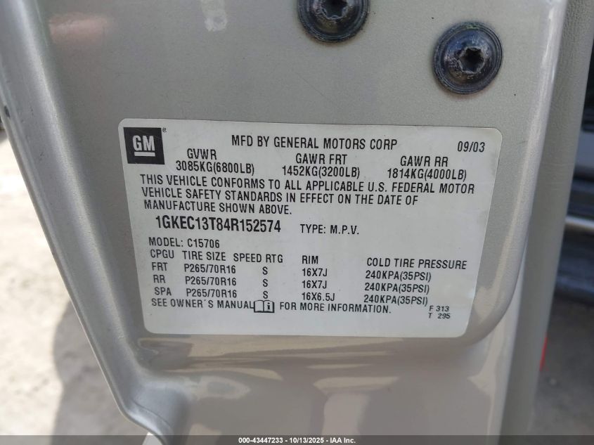 2004 GMC Yukon Slt VIN: 1GKEC13T84R152574 Lot: 43447233