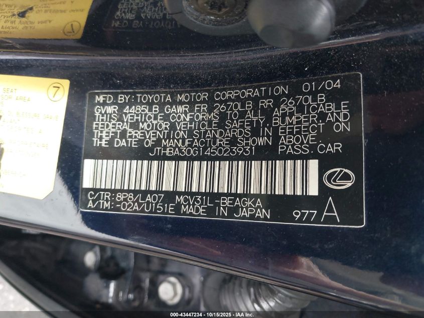 2004 Lexus Es 330 VIN: JTHBA30G145023931 Lot: 43447234