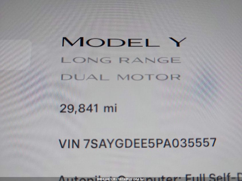 2023 Tesla Model Y Awd/Long Range Dual Motor All-Wheel Drive VIN: 7SAYGDEE5PA035557 Lot: 43447239