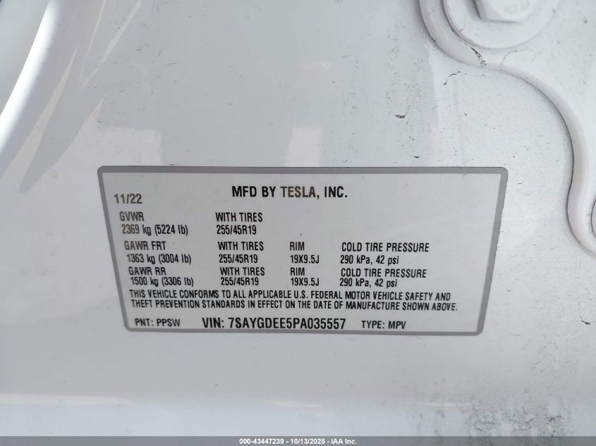 2023 Tesla Model Y Awd/Long Range Dual Motor All-Wheel Drive VIN: 7SAYGDEE5PA035557 Lot: 43447239