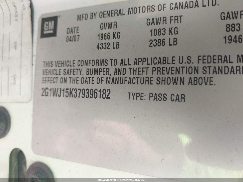 2007 Chevrolet Monte Carlo Ls VIN: 2G1WJ15K379396182 Lot: 43447250