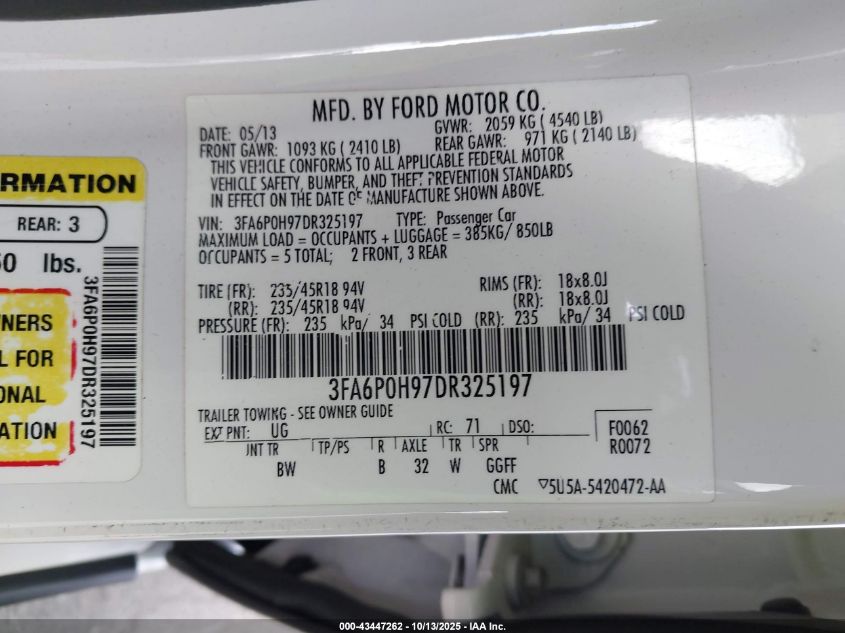 2013 Ford Fusion Se VIN: 3FA6P0H97DR325197 Lot: 43447262