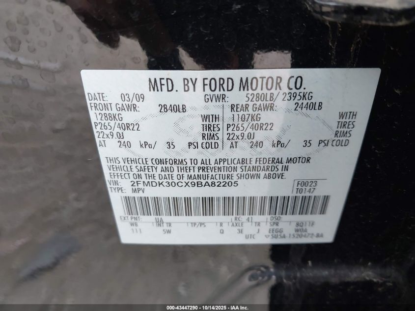 2009 Ford Edge Sport VIN: 2FMDK30CX9BA82205 Lot: 43447290