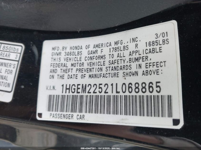 2001 Honda Civic Lx VIN: 1HGEM22521L068865 Lot: 43447301