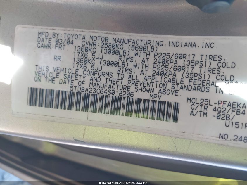2004 Toyota Sienna Le VIN: 5TDBA23C64S018206 Lot: 43447313