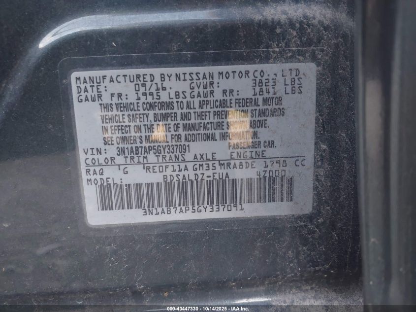 2016 Nissan Sentra Sv VIN: 3N1AB7AP5GY337091 Lot: 43447330