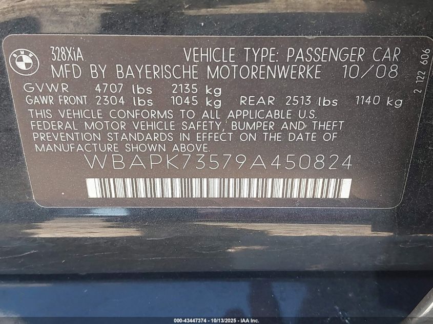 2009 BMW 328I xDrive VIN: WBAPK73579A450824 Lot: 43447374