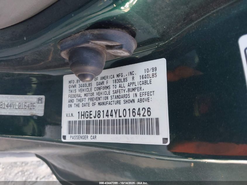 2000 Honda Civic Ex VIN: 1HGEJ8144YL016426 Lot: 43447399