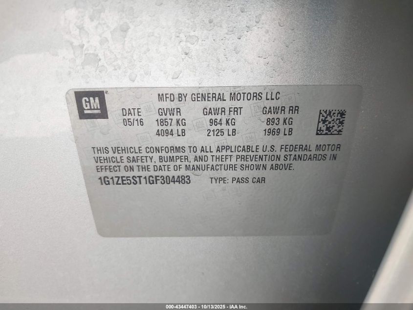 2016 Chevrolet Malibu 1Lt VIN: 1G1ZE5ST1GS304483 Lot: 43447403