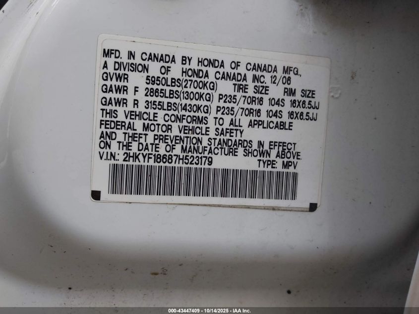 2007 Honda Pilot Ex-L VIN: 2HKYF18687H523179 Lot: 43447409