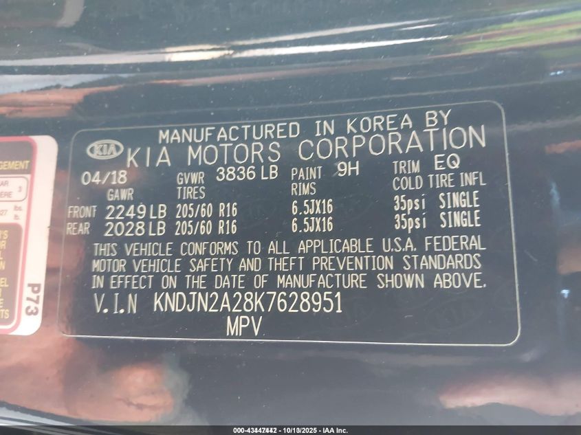 2019 Kia Soul VIN: KNDJN2A28K7628951 Lot: 43447442