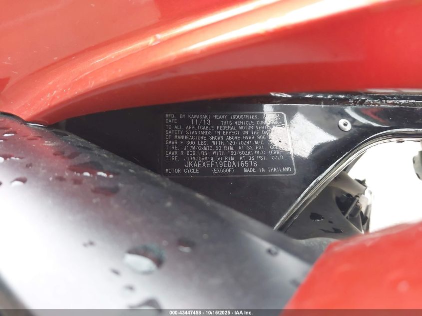 2014 Kawasaki Ex650 F VIN: JKAEXEF19EDA16578 Lot: 43447458