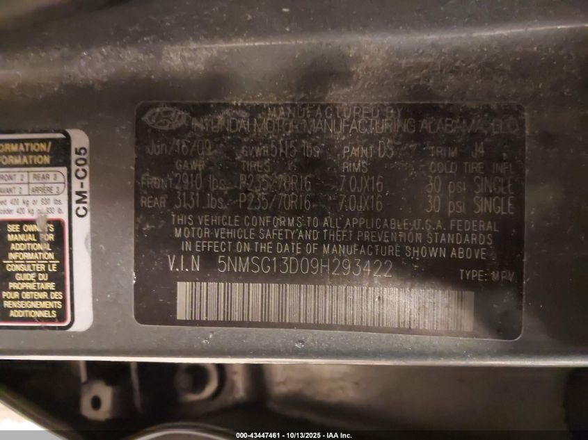 2009 Hyundai Santa Fe Gls VIN: 5NMSG13D09H293422 Lot: 43447461