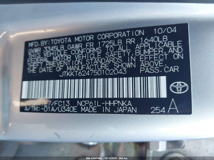 2005 Scion Xa VIN: JTKKT624750102043 Lot: 43447462