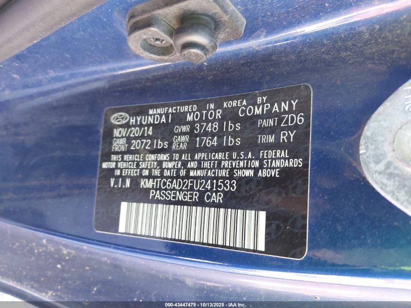 2015 Hyundai Veloster VIN: KMHTC6AD2FU241533 Lot: 43447479