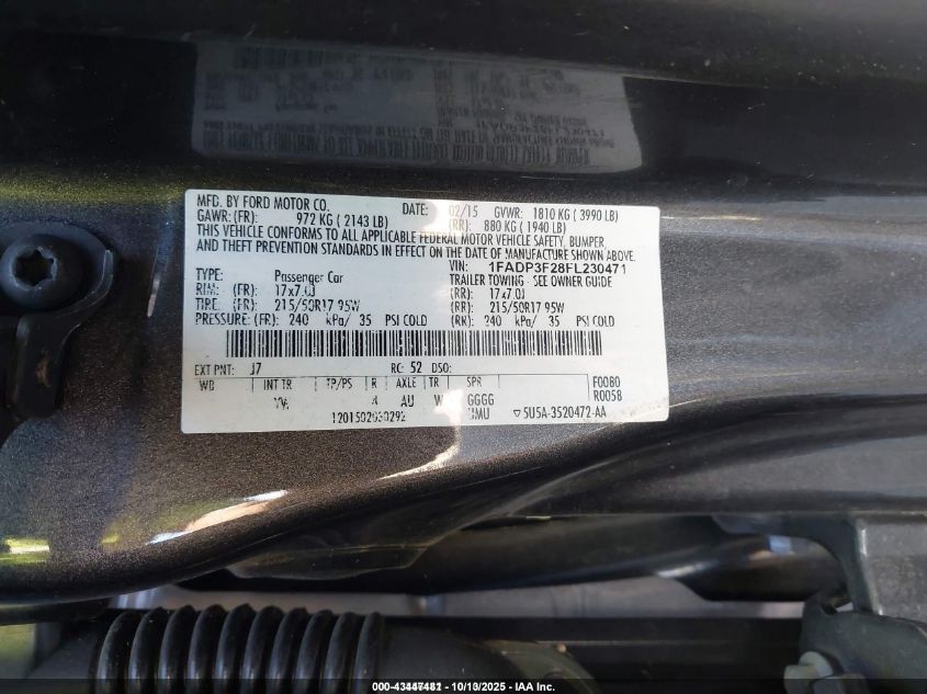 2015 Ford Focus Se VIN: 1FADP3F28FL230471 Lot: 43447481