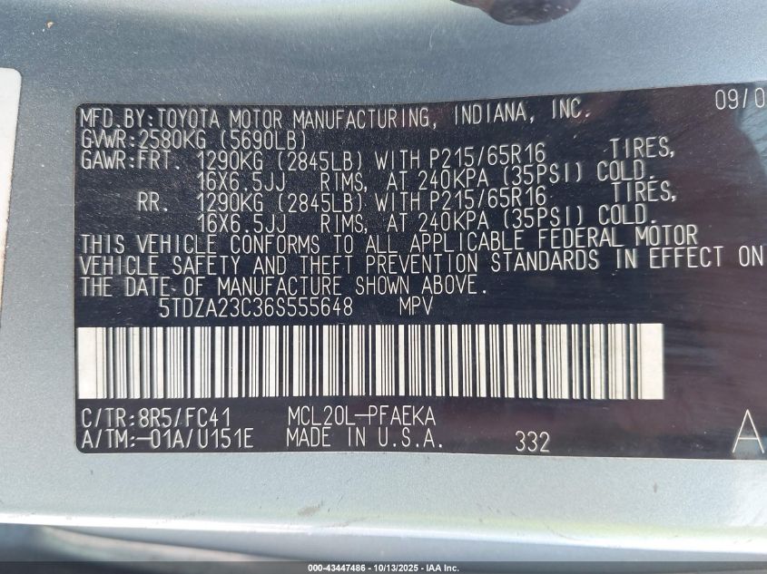 2006 Toyota Sienna Le VIN: 5TDZA23C36S555648 Lot: 43447486