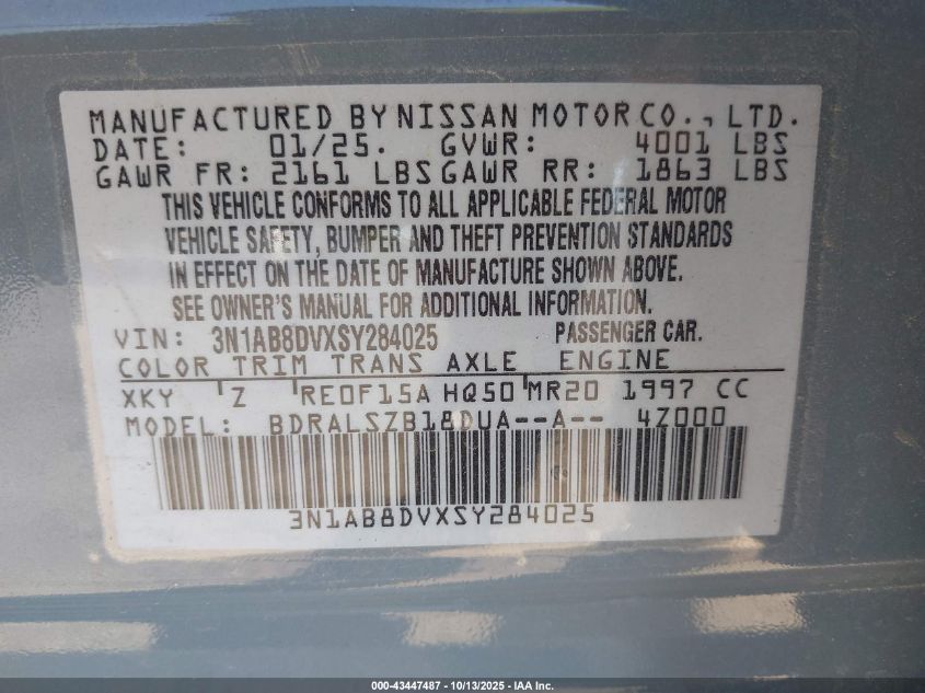 2025 Nissan Sentra Sr VIN: 3N1AB8DVXSY284025 Lot: 43447487