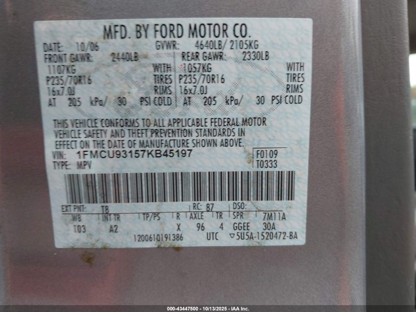 2007 Ford Escape Xlt/Xlt Sport VIN: 1FMCU93157KB45197 Lot: 43447500