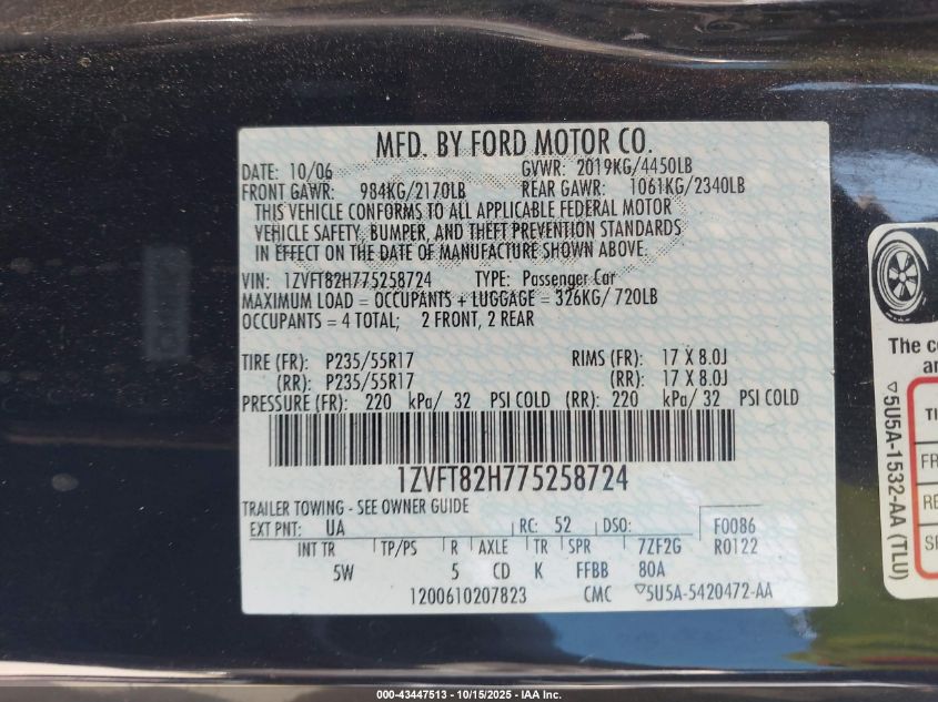 2007 Ford Mustang Gt Deluxe/Gt Premium VIN: 1ZVFT82H775258724 Lot: 43447513