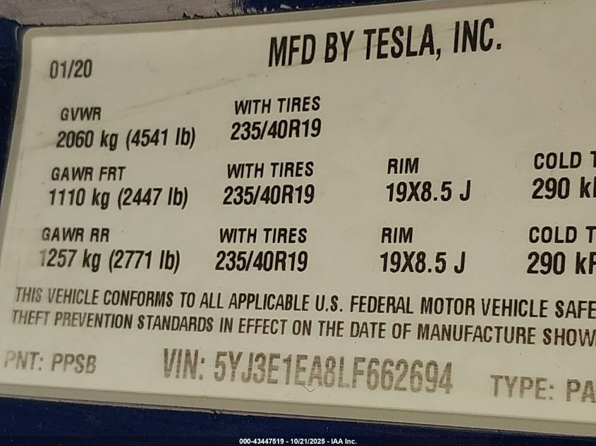 2020 Tesla Model 3 VIN: 5YJ3E1EA8LF662694 Lot: 43447519