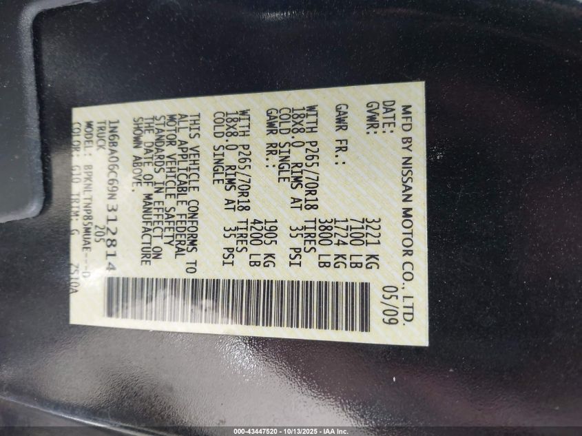 2009 Nissan Titan Se VIN: 1N6BA06C69N312814 Lot: 43447520