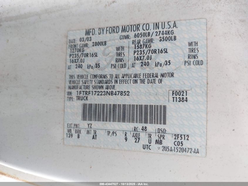 2003 Ford F-150 Xl/Xlt VIN: 1FTRF17223NB47852 Lot: 43447527