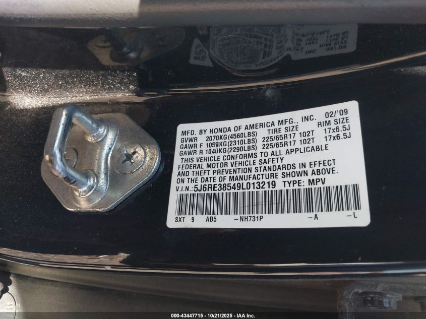 2009 Honda Cr-V Ex VIN: 5J6RE38549L013219 Lot: 43447715