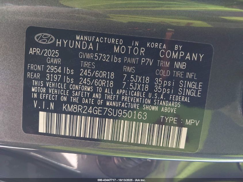 2025 Hyundai Palisade Sel VIN: KM8R24GE7SU950163 Lot: 43447717