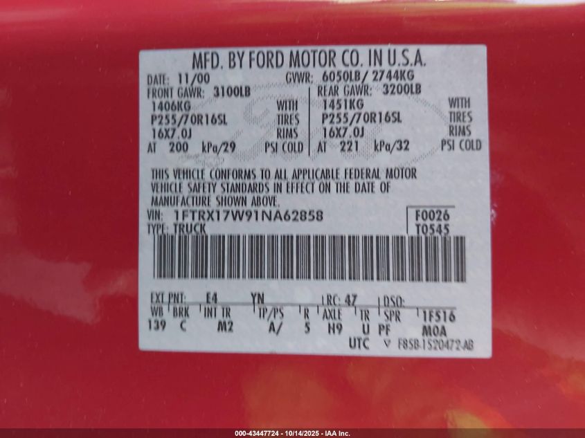 2001 Ford F-150 Lariat/Xl/Xlt VIN: 1FTRX17W91NA62858 Lot: 43447724