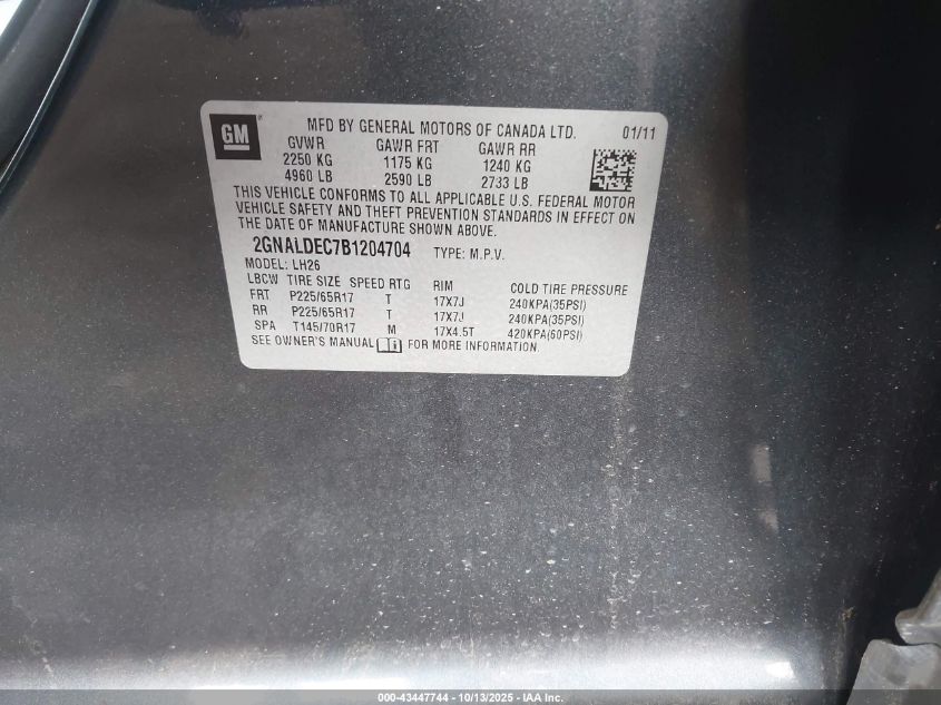 2011 Chevrolet Equinox 1Lt VIN: 2GNALDEC7B1204704 Lot: 43447744
