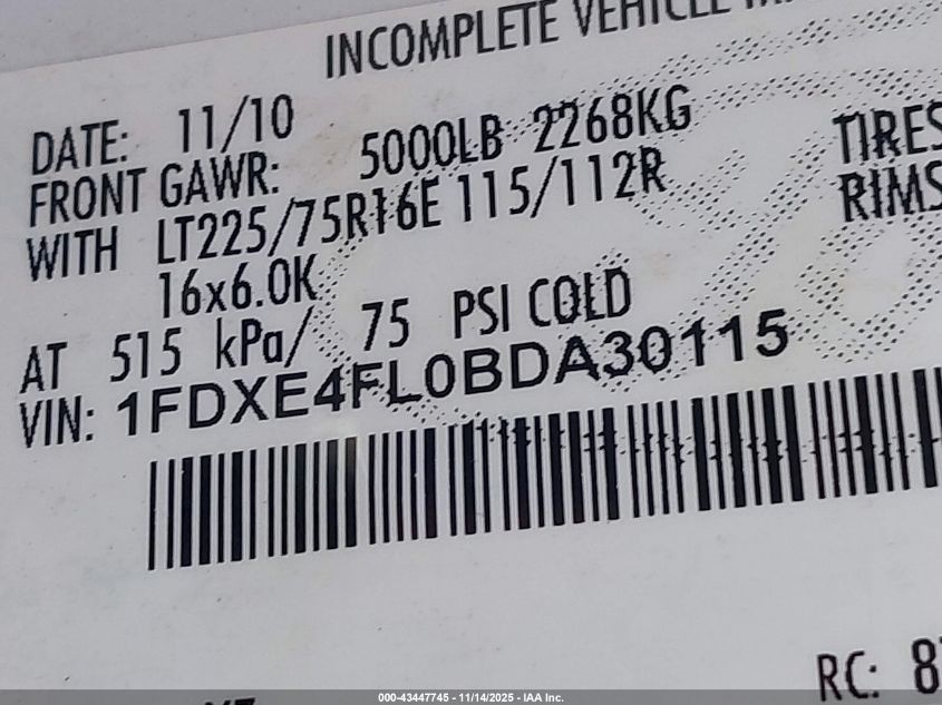 2011 Ford E-450 Cutaway VIN: 1FDXE4FL0BDA30115 Lot: 43447745