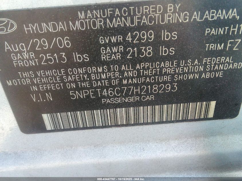 2007 Hyundai Sonata Gls VIN: 5NPET46C77H218293 Lot: 43447767