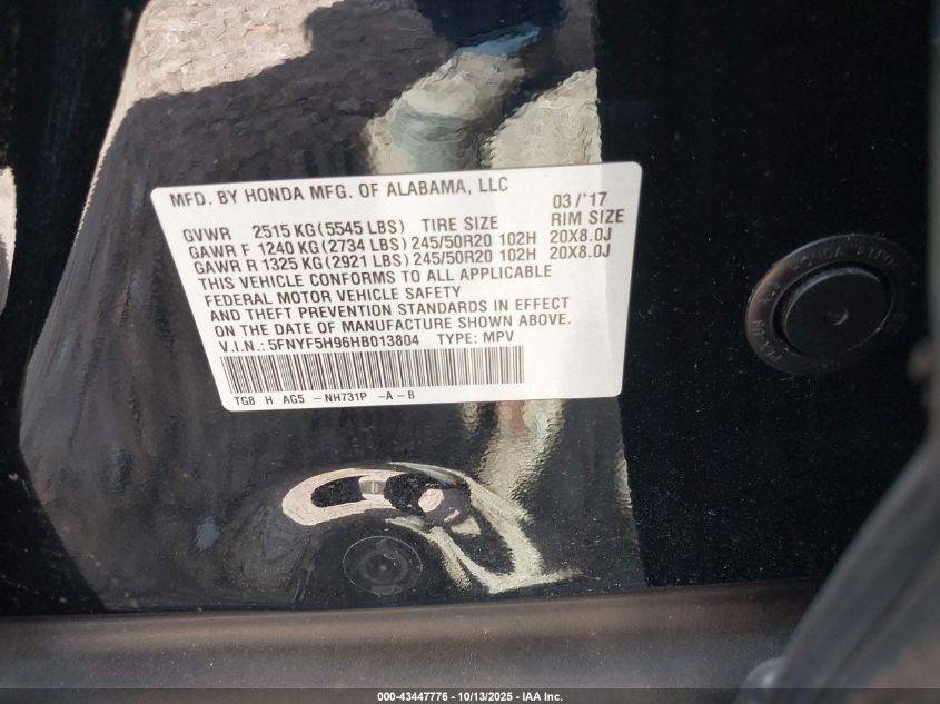 2017 Honda Pilot Touring VIN: 5FNYF5H96HB013804 Lot: 43447776