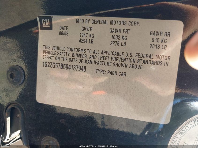 2009 Pontiac G6 VIN: 1G2ZG57B594137940 Lot: 43447781