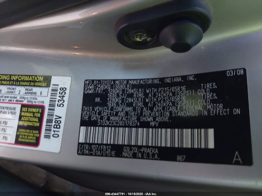 2008 Toyota Sienna Ce VIN: 5TDZK23C28S178374 Lot: 43447791