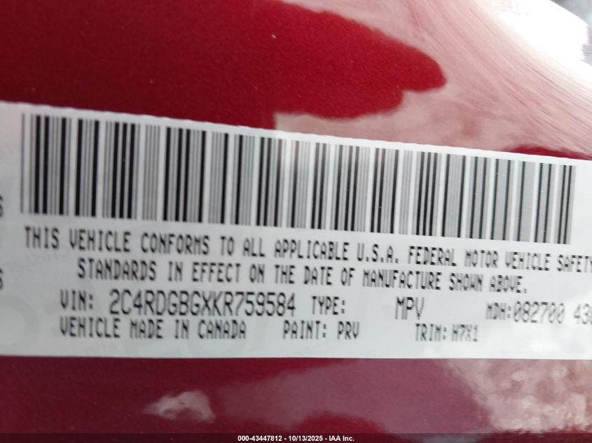 2019 Dodge Grand Caravan Se VIN: 2C4RDGBGXKR759584 Lot: 43447812