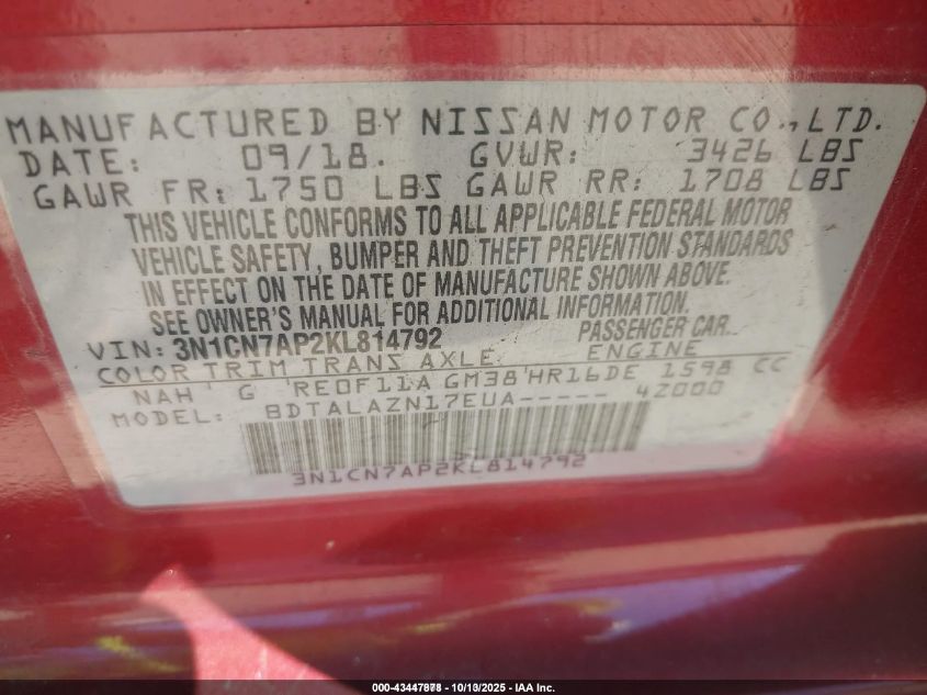 2019 Nissan Versa 1.6 S+ VIN: 3N1CN7AP2KL814792 Lot: 43447878