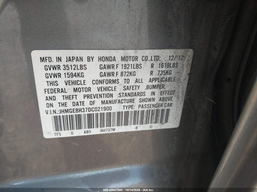 2013 HONDA FIT JHMGE8H37DC021900