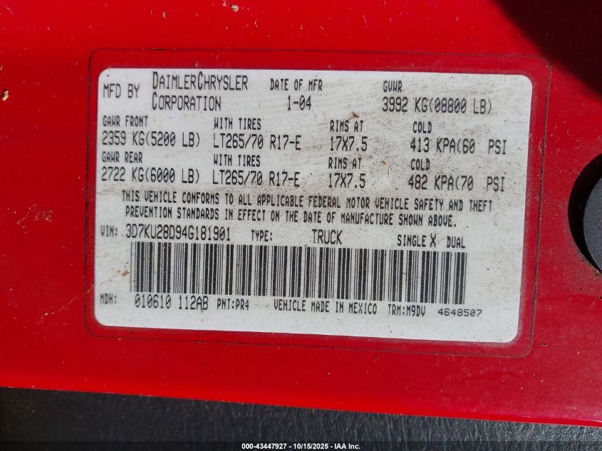 2004 Dodge Ram 2500 Slt/Laramie VIN: 3D7KU28D94G181901 Lot: 43447927