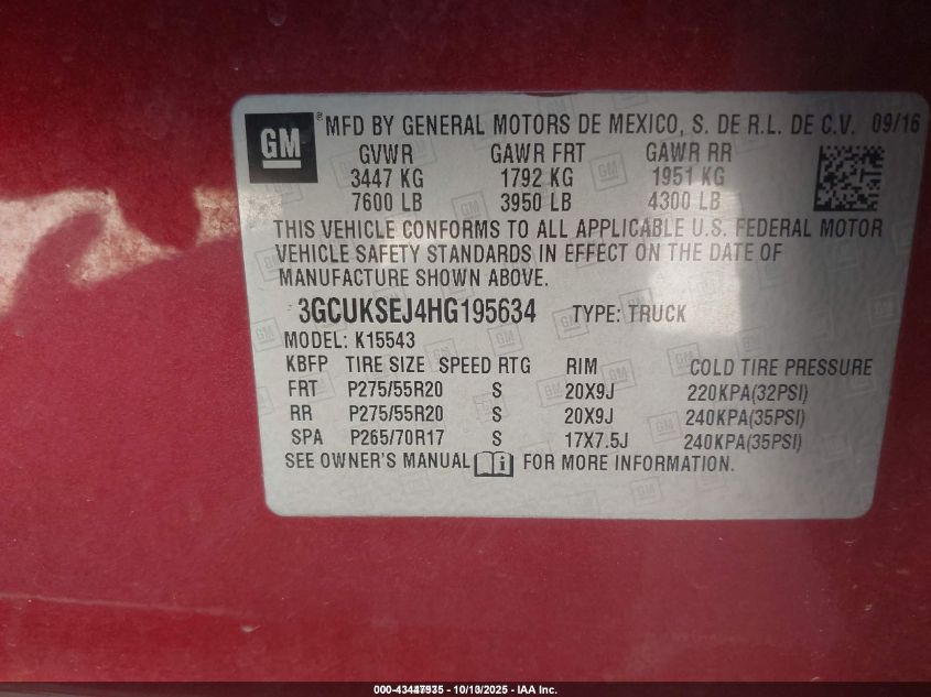 2017 Chevrolet Silverado 1500 1Lz VIN: 3GCUKSEJ4HG195634 Lot: 43447935