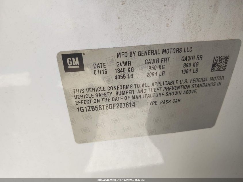 2016 Chevrolet Malibu Ls VIN: 1G1ZB5ST8GF207614 Lot: 43447953