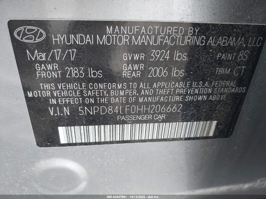 2017 Hyundai Elantra Value Edition VIN: 5NPD84LF0HH206662 Lot: 43447961