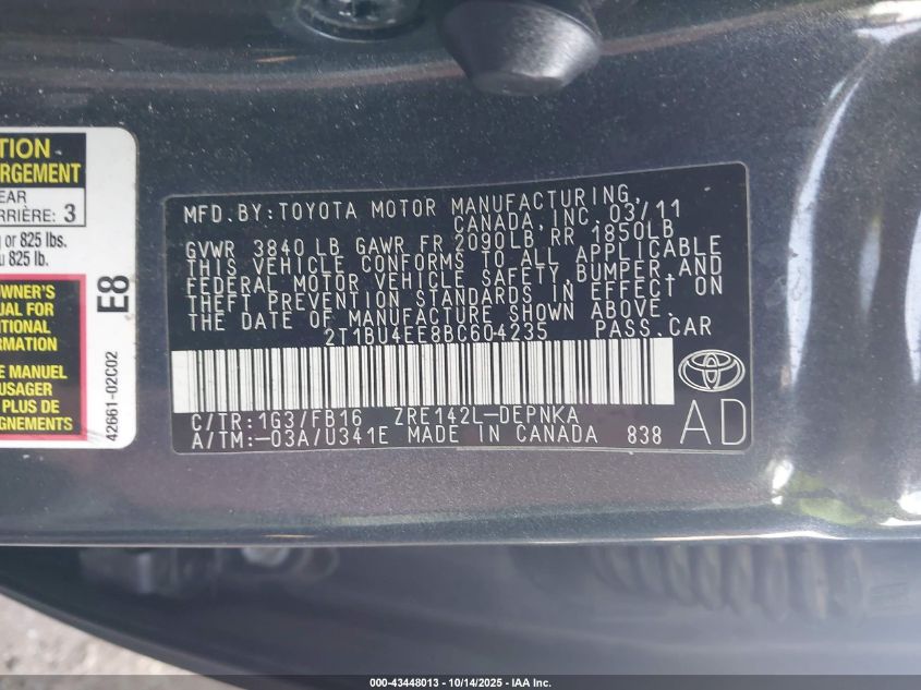 2011 Toyota Corolla Le VIN: 2T1BU4EE8BC604235 Lot: 43448013