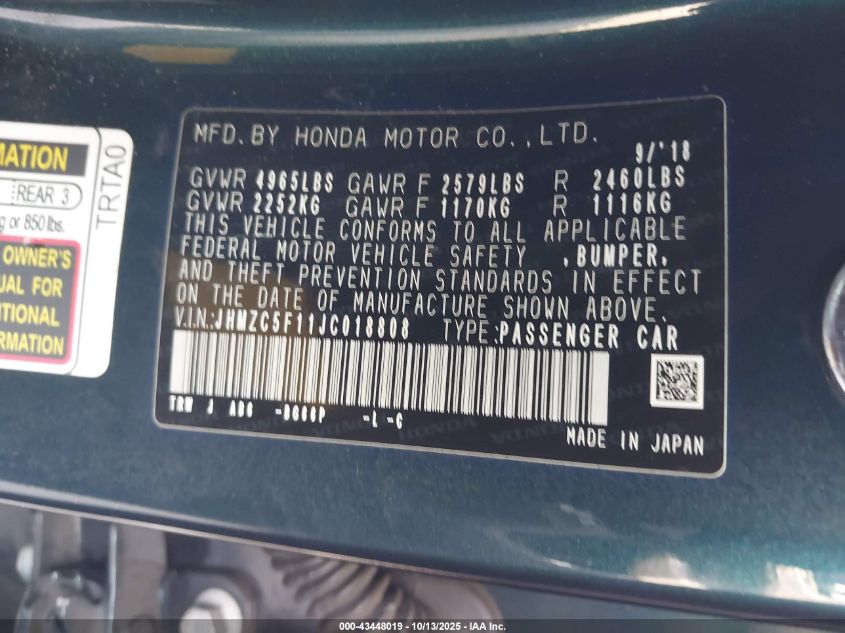 2018 Honda Clarity Plug-In Hybrid VIN: JHMZC5F11JC018808 Lot: 43448019