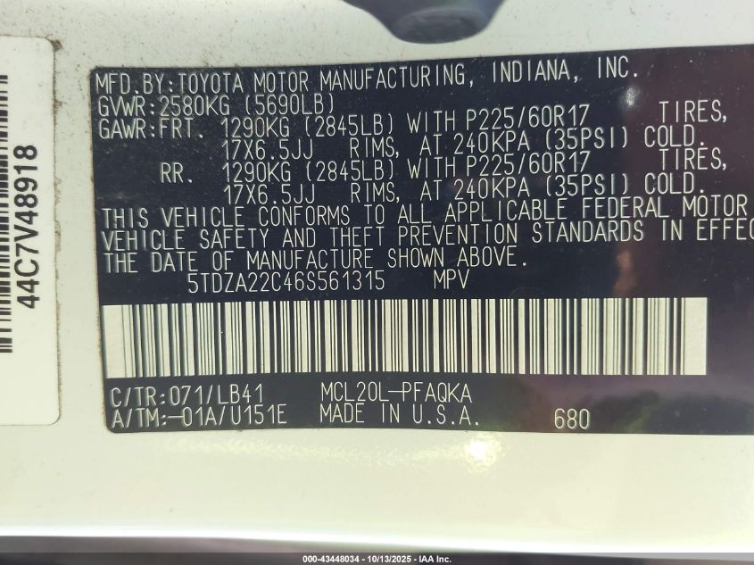 2006 Toyota Sienna Xle Limited VIN: 5TDZA22C46S561315 Lot: 43448034